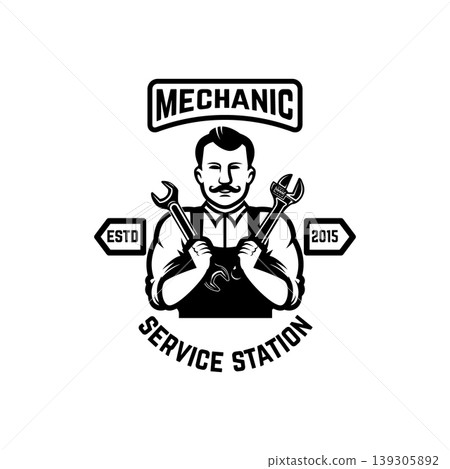 Service station, garage. Emblem template with mechanic. Design element for logo, emblem, sign. Vector illustration Service station, garage. Emblem template with mechanic. Design element for logo, emblem, sign. Vector illustration 139305892