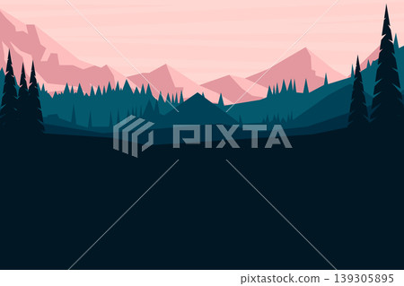 A serene landscape featuring layers of misty mountains under a soft pink sky. Dark silhouettes of pine forests create a striking contrast in the foreground. A serene landscape featuring layers of misty mountains under a soft pink sky. Dark silhouettes of pine forests create a striking contrast in the foreground. 139305895