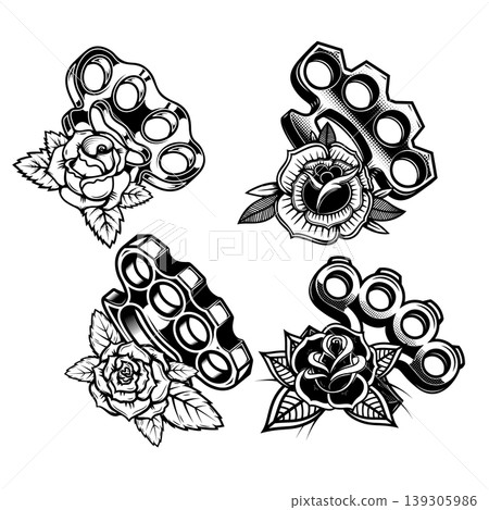 A black and white vector set of four brass knuckles paired with stylized roses. This high-contrast collection features traditional tattoo-style art on a white background. 139305986
