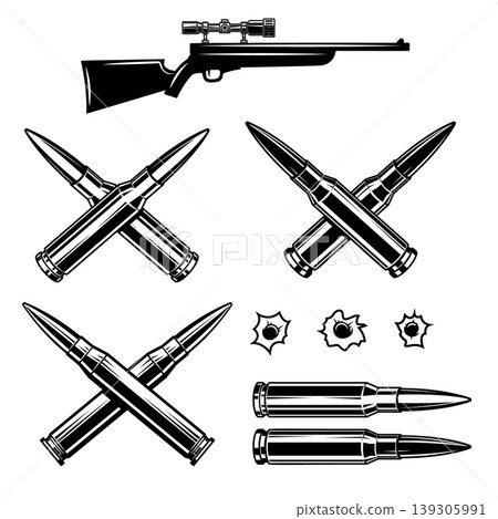 A black and white vector set featuring three pairs of crossed bullets, a scoped rifle, individual cartridges, and three bullet holes. High-contrast ballistic graphics. A black and white vector set featuring three pairs of crossed bullets, a scoped rifle, individual cartridges, and three bullet holes. High-contrast ballistic graphics. 139305991