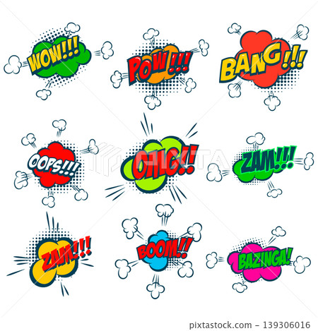 Set of bubble talk phrases. Comic style talk phrases. Chat clouds comments. Vector illustration Set of bubble talk phrases. Comic style talk phrases. Chat clouds comments. Vector illustration 139306016