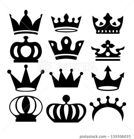 A black and white vector set of crown icons. This collection features various minimalist royal silhouettes for logo design, labels, signs, and branding elements. A black and white vector set of crown icons. This collection features various minimalist royal silhouettes for logo design, labels, signs, and branding elements. 139306035
