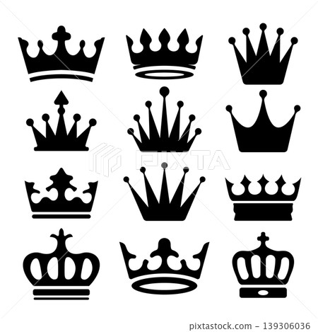 A black and white vector set of crown icons. This collection features various minimalist royal silhouettes for logo design, labels, signs, and branding elements. A black and white vector set of crown icons. This collection features various minimalist royal silhouettes for logo design, labels, signs, and branding elements. 139306036