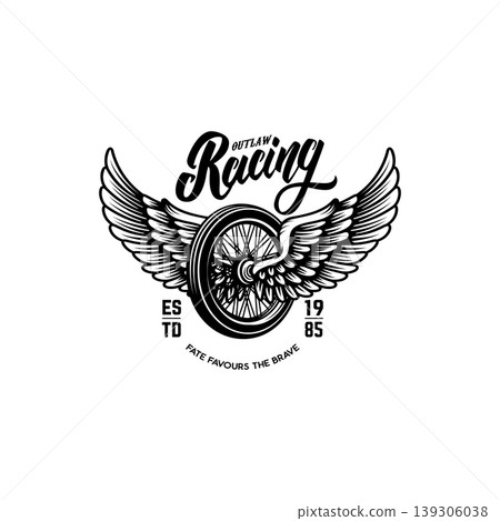 A vintage motorcycle racing emblem featuring a spoked wheel with majestic spread wings, stylized "Outlaw Racing" script, and the motto "Fate Favours The Brave." 139306038