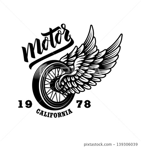 A vintage motorcycle emblem featuring a spoked wheel with dynamic spread wings and "Motor" script. This California-themed design from 1978 is perfect for biker apparel. 139306039