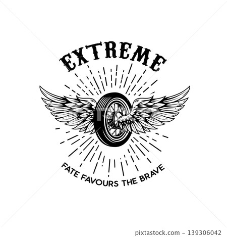 A vintage motorcycle emblem featuring a central spoked wheel with spread wings, radiant sunburst lines, and the bold text "EXTREME" and "FATE FAVOURS THE BRAVE." A vintage motorcycle emblem featuring a central spoked wheel with spread wings, radiant sunburst lines, and the bold text "EXTREME" and "FATE FAVOURS THE BRAVE." 139306042