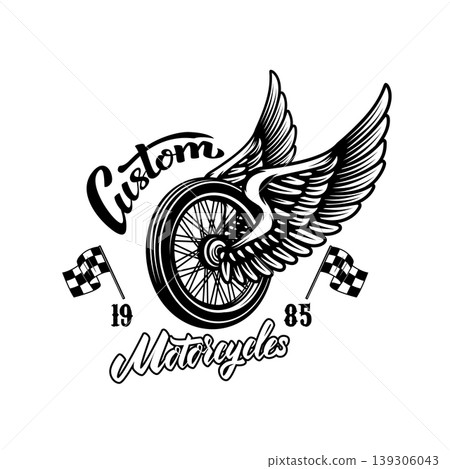 A vintage motorcycle emblem featuring a central spoked wheel with large spread wings. The design includes "Custom Motorcycles California" in stylized script. A vintage motorcycle emblem featuring a central spoked wheel with large spread wings. The design includes "Custom Motorcycles California" in stylized script. 139306043