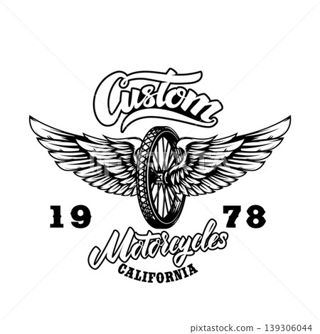 A vintage motorcycle emblem featuring a central spoked wheel with large spread wings. The design includes "Custom Motorcycles California" in stylized script. A vintage motorcycle emblem featuring a central spoked wheel with large spread wings. The design includes "Custom Motorcycles California" in stylized script. 139306044