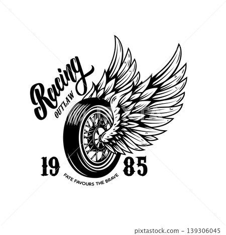 A vintage motorcycle racing emblem featuring a spoked wheel with majestic spread wings, stylized "Outlaw Racing" script, and the motto "Fate Favours The Brave." 139306045