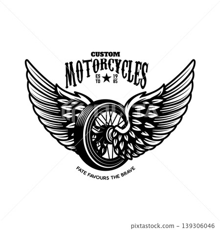 A vintage motorcycle emblem featuring a central spoked wheel with massive spread wings. The design includes "Custom Motorcycles" typography and the motto "Fate Favours The Brave." A vintage motorcycle emblem featuring a central spoked wheel with massive spread wings. The design includes "Custom Motorcycles" typography and the motto "Fate Favours The Brave." 139306046