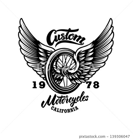 A vintage motorcycle emblem featuring a central spoked wheel with large spread wings. The design includes "Custom Motorcycles California" in stylized script. A vintage motorcycle emblem featuring a central spoked wheel with large spread wings. The design includes "Custom Motorcycles California" in stylized script. 139306047