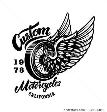 A vintage motorcycle emblem featuring a central spoked wheel with large spread wings. The design includes "Custom Motorcycles California" in stylized script. A vintage motorcycle emblem featuring a central spoked wheel with large spread wings. The design includes "Custom Motorcycles California" in stylized script. 139306048