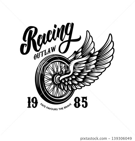 A vintage motorcycle racing emblem featuring a spoked wheel with majestic spread wings, stylized "Outlaw Racing" script, and the motto "Fate Favours The Brave." A vintage motorcycle racing emblem featuring a spoked wheel with majestic spread wings, stylized "Outlaw Racing" script, and the motto "Fate Favours The Brave." 139306049