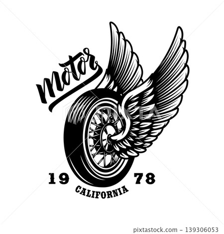 A vintage motorcycle emblem featuring a spoked wheel with large upward-swept wings. Includes "Motor" script, "California" text 139306053