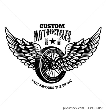 A vintage-style motorcycle emblem featuring a spoked wheel with large spread wings, arched text "Motor Speedway," and the slogan "Fate Favours The Brave." Ideal for biker logos. 139306055