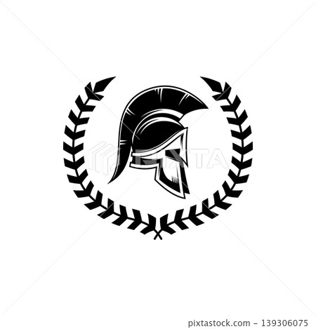 A black and white vector illustration of a Spartan or Greek warrior helmet enclosed in a laurel wreath. A powerful minimalist silhouette for sports or security logos. A black and white vector illustration of a Spartan or Greek warrior helmet enclosed in a laurel wreath. A powerful minimalist silhouette for sports or security logos. 139306075