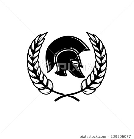 A black and white vector illustration of a Spartan or Greek warrior helmet enclosed in a laurel wreath. A powerful minimalist silhouette for sports or security logos. 139306077