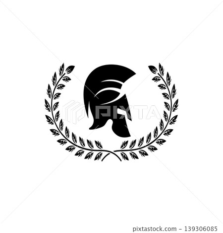 A black and white vector illustration of a Spartan or Greek warrior helmet enclosed in a laurel wreath. A powerful minimalist silhouette for sports or security logos. 139306085