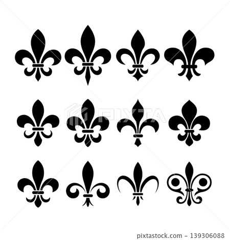 A black and white vector set of twelve fleur-de-lis icons. This collection features various stylistic interpretations of the classic lily heraldic symbol on a white background. 139306088