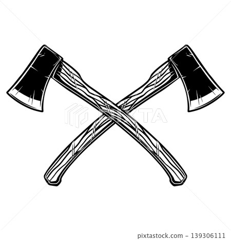A black and white vector illustration of two crossed hatchets. This detailed, vintage-style woodcutting tool silhouette is ideal for carpentry and outdoor adventure logos. A black and white vector illustration of two crossed hatchets. This detailed, vintage-style woodcutting tool silhouette is ideal for carpentry and outdoor adventure logos. 139306111