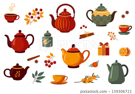 Autumn tea herb set. Vector illustration of tea party elements, teapot, teacup, spices, berries 139306721