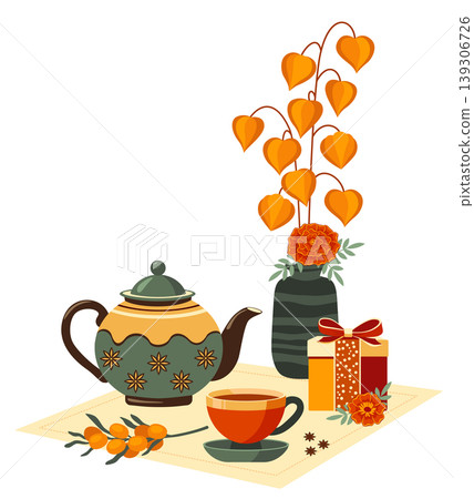 Autumn tea party elements, teapot, teacup, spices, flowers, berries Autumn tea party elements, teapot, teacup, spices, flowers, berries 139306726