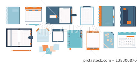Notebooks collection, wire bound notebooks, notepad, colored sheets, pen and pencil isolated on white background. Open and closed notebooks. Notebooks collection, wire bound notebooks, notepad, colored sheets, pen and pencil isolated on white background. Open and closed notebooks. 139306870