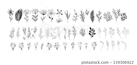 Minimal botanical leaf line elements set, hand drawn floral branches and foliage icons, simple nature decorative vector collection isolated on white background 139306922