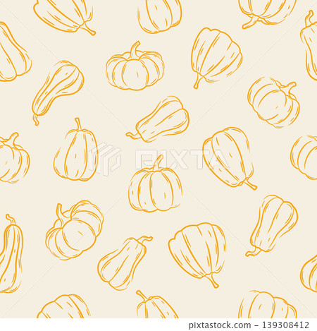 Seamless pattern with orange hand-drawn pumpkin sketches of various shapes Seamless pattern with orange hand-drawn pumpkin sketches of various shapes 139308412