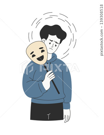 Neurodiversity Life. Autistic Masking Concept. Man Holding False Smile Mask Over Exhausted and Tired Real Face. Social Conformity. Minimalist Vector Illustration. Neurodiversity Life. Autistic Masking Concept. Man Holding False Smile Mask Over Exhausted and Tired Real Face. Social Conformity. Minimalist Vector Illustration. 139308518