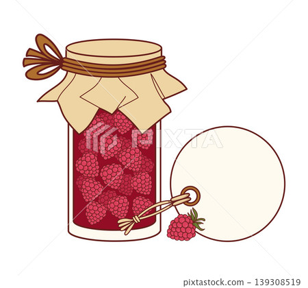 Small Rustic Glass Jar Of Raspberry Jam. Homemade Natural Preserve With Craft Paper Lid. Blank Round Label Tag On String. Summer Fruit Food. Classic Kitchen Pantry Element. Vector Illustration. Small Rustic Glass Jar Of Raspberry Jam. Homemade Natural Preserve With Craft Paper Lid. Blank Round Label Tag On String. Summer Fruit Food. Classic Kitchen Pantry Element. Vector Illustration. 139308519