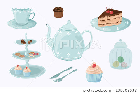 Vector seamless pattern with teapots, mugs and pastries. Cozy tea set. Tea time Vector seamless pattern with teapots, mugs and pastries. Cozy tea set. Tea time 139308538