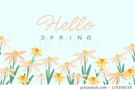 Horizontal banner featuring a vibrant border of hand-drawn spring flowers like daisies and on a soft blue background in a flat vector style. 139308539
