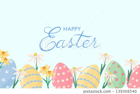 A horizontal Easter banner with a collection of hand drawn eggs and flowers A horizontal Easter banner with a collection of hand drawn eggs and flowers 139308540