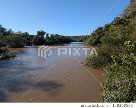 The Iguazu River accelerates in Iguazu National Park and Reserve in Argentina in June 139308596
