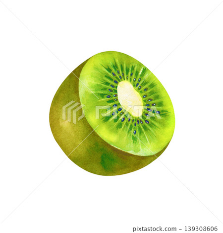 Botanical watercolor painting with a single kiwi fruit cut in half. This hand-painted element is isolated on a white background, making it suitable for high-end culinary branding, organic product 139308606