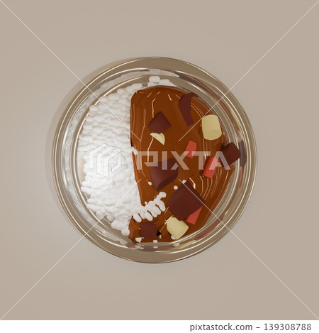 Image of a 3D curry rice dish viewed from above. Image of a 3D curry rice dish viewed from above. 139308788