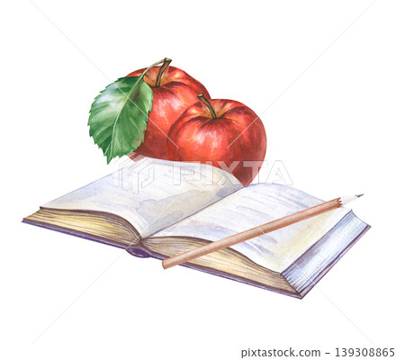 Watercolor composition with an open book, two ripe red apples on a green leaf background and a pencil. This is a realistic illustration on an isolated background. For designing educational materials Watercolor composition with an open book, two ripe red apples on a green leaf background and a pencil. This is a realistic illustration on an isolated background. For designing educational materials 139308865