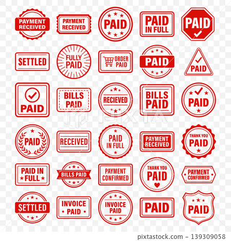 Paid Stamp Set Vector Illustrati. Red Payment Stamps With Paid, Paid in Full, Payment Received, Invoice Paid and Payment Confirmed Labels for Billing, Finance, Business Design Paid Stamp Set Vector Illustrati. Red Payment Stamps With Paid, Paid in Full, Payment Received, Invoice Paid and Payment Confirmed Labels for Billing, Finance, Business Design 139309058