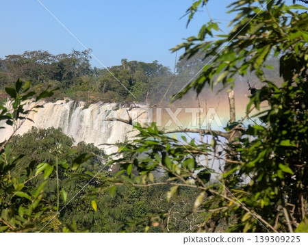 A rainbow at Iguazu Falls in Iguazu National Park and Reserve in Argentina in June. Close-up 139309225