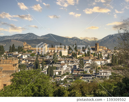 Panoramic View of Alhambra And Granada Landscape At Sunset Framed By Pine Trees Over Flowered Garden Panoramic View of Alhambra And Granada Landscape At Sunset Framed By Pine Trees Over Flowered Garden 139309502