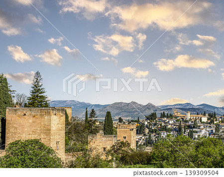 Alhambra And Granada Landscape Framed By Pine Trees Over Flowered Garden Alhambra And Granada Landscape Framed By Pine Trees Over Flowered Garden 139309504