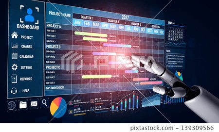 Interactive Digital Dashboard with Robotic Arm Analyzing Project Management Timeline and Data Visualizations for 2027 Planning and Reporting Fluxor 139309566