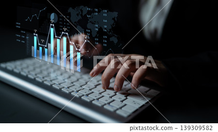 Business Person Analyzing Data on Keyboard with Digital Charts and Graphs Displaying Global Trends in Financial Analysis and Market Research Scalp Business Person Analyzing Data on Keyboard with Digital Charts and Graphs Displaying Global Trends in Financial Analysis and Market Research Scalp 139309582