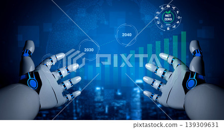 Futuristic robotic hands presenting data on a digital screen with growth metrics and timelines for achieving net zero emissions by 2040 Gantry Futuristic robotic hands presenting data on a digital screen with growth metrics and timelines for achieving net zero emissions by 2040 Gantry 139309631