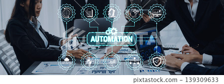 Business Team Collaboration on Automation Strategy with Digital Technology Icons and Data Visualization in Modern Office Environment Fluxor Business Team Collaboration on Automation Strategy with Digital Technology Icons and Data Visualization in Modern Office Environment Fluxor 139309633