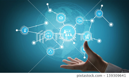 Hand Reaching Towards Digital Network Connections with Icons Representing Technology, Communication, and Collaboration on Blue Background. Tessel Hand Reaching Towards Digital Network Connections with Icons Representing Technology, Communication, and Collaboration on Blue Background. Tessel 139309641