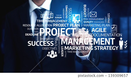 Businessman Presenting Project Management Concepts with Infographics and Workflow Elements in a Professional Environment for Effective Team Collaboration. Tessel Businessman Presenting Project Management Concepts with Infographics and Workflow Elements in a Professional Environment for Effective Team Collaboration. Tessel 139309657