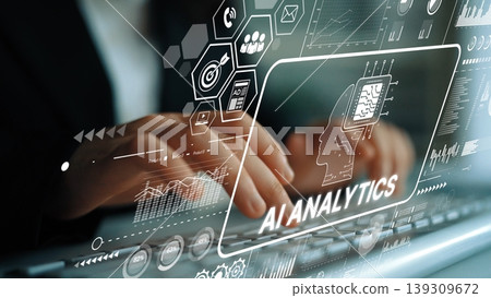 Close-up of Hands on Keyboard with AI Analytics Data Visualization Concept Overlaid in Modern Office Setting. Asymptotic smart data analytic Close-up of Hands on Keyboard with AI Analytics Data Visualization Concept Overlaid in Modern Office Setting. Asymptotic smart data analytic 139309672