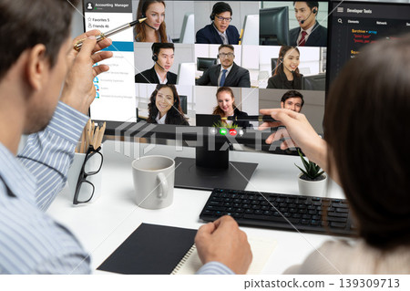 Business people on video conference for brisk virtual group meeting Business people on video conference for brisk virtual group meeting 139309713